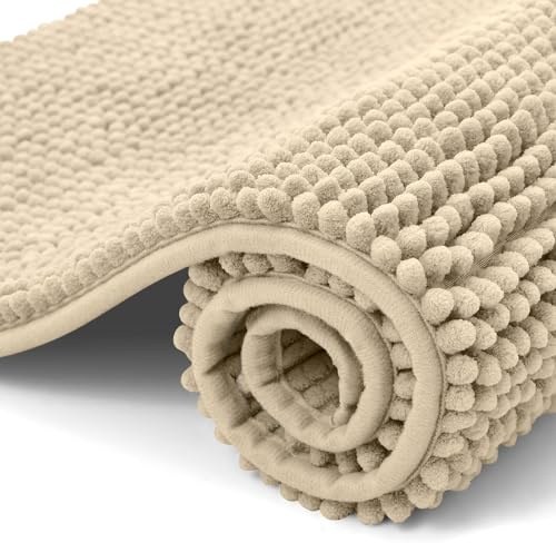 OLANLY Chenille Badematte rutschfest Badezimmerteppich, 50x80 cm | Waschbar Badteppich Badvorleger Saugfähige Duschvorleger Badezimmer Deko, Beige