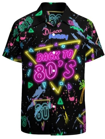 Herren Dinosaurier Hawaiihemden Casual Button Up Kurzarm Bedrucktes Hemd Party Outfit Lustige Strandkostüme, Schwarz-Rücken bis 80er Jahre, Mittel