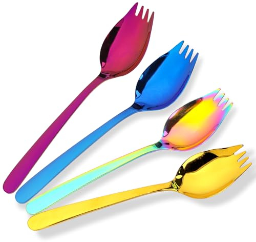 4 Pcs Sporks Stainless Steel Camping Spork 5.9 Inch Salad Forks Reusable Metal Spork Long Handle Dinner Fork Fruit Appetizer Dessert Forks for Ice Cream Fruit Multicolor