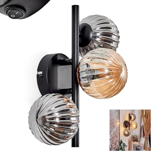 Wandleuchte Chehalis, Wandlampe aus Metall/Riffelglas in Schwarz/Rauch/Bernstein, Leuchte im Retro/Vintage-Design mit Schirmen aus Glas (Ø 10cm) u. An/-Auschalter am Gehäuse, 3 x G9, ohne Leuchtmittel