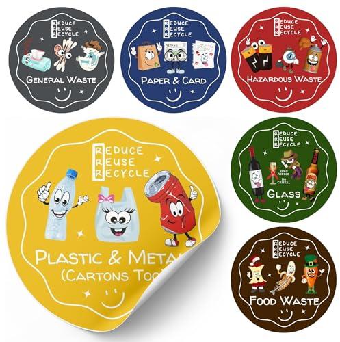 LiveLaif Pack 6 Pegatinas Reciclaje Basura INGLÉS Ø11 cm | Didacticas | Pegatinas Cubo Basura | Etiquetas Adhesivas reciclaje para Hogar, Oficina, Colegios - Vinilo Brillo