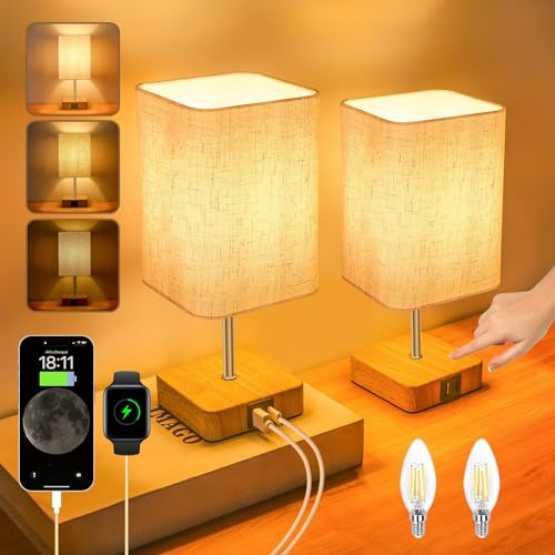 Touch Control USB Table Lamp, Dimmable Nightstand Lamps with USB Charging Ports, Small Touch Lamp with Wood-grain Base ＆ Fabric Shade for Bedroom, Living Room, Children's room, Bulb Included, 2 Pack