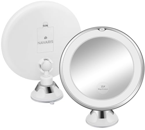 Navaris Espejo Aumento x15 con Luz LED y Ventosa - Giratorio 360° - Ideal para Baño y Viajes - 17,5 cm