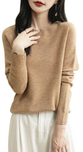 Chanyarn Mujer Jersey de Cuello Redondo 100% Lana Merino 2024 Suéter de Punto Sin Costuras de Manga Larga (Khaki,M)