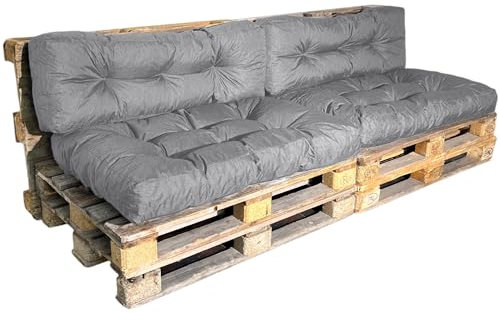 bananair - Cojines para Palets - Tela Resistente, Anti-UV y Repelente al Agua - Muy Cómodo, Relleno de Espuma - Cojines Exterior para Jardín y Terraza (2 Asientos 120x80 y 2 Respaldos 120x40, Gris)