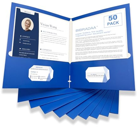 BIBRADAA® 50 Packs Blue Paper Folders with Pockets,Paper Folder Surface with Waterproofing,Letter Size,Holds 100 Plus Sheets,for School,Office,Business.(50, Dark Blue)