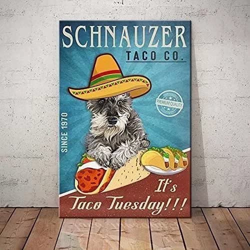 Schnauzer Schnauzer Taco Co. Taco Tuesday - Póster divertido de metal para café y sala de estar, letrero de metal retro vintage, póster de metal para decoración de pared, 8 x 12 pulgadas