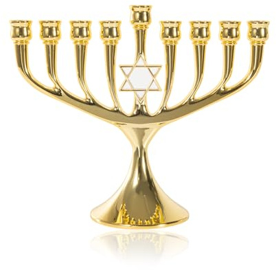 BRTAGG Menora mit Davidstern (Chanukkia BZW. der Chanukkaleuchter) 9 Zweige Kerzenhalter, Upgrade-Cups mit Eingebaute Pins, Höhe 18,5 cm, Jüdische Geschenke, Gold