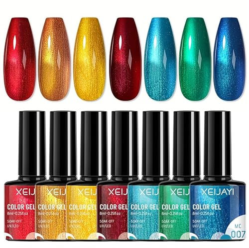 Metallic Gel Nail Polish Set, 7 Colors Red, Gold, Blue, Green, Pink Bright Colorful Gel Polish for Nail Art, Glitter Chrome Sparkle Metallic Trendy Manicure, Gel Soak Off Led, DIY Nail Art