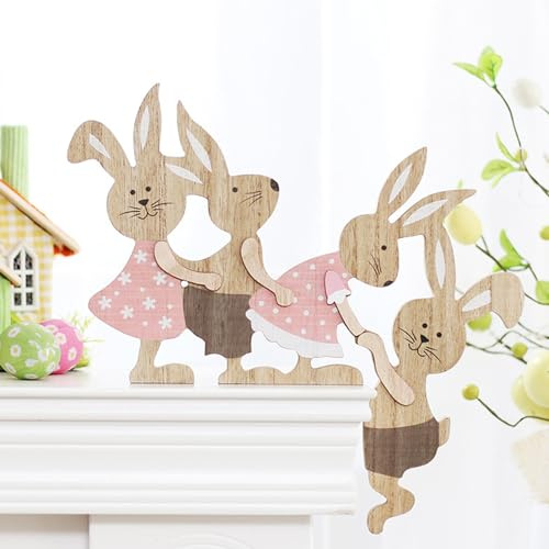 FONDUO Osterdeko Holz Hase, Osterhase Wippe Tischdeko, Deko Holzaufsteller Ostern, Osterschmuck Ornamente für Büro Desktop Geschenk (Turrahmen deko)