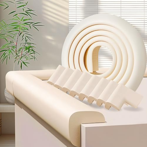 ZOMPAGO Baby Proofing Edge & Corner Protectors, 1 Roll White Foam L-Shape Self-Adhesive Bumper Strip + 8Corner Guards, Wall & Furniture Safety Bumpers for Nursery, Kitchen, Fireplace, Table, Desk