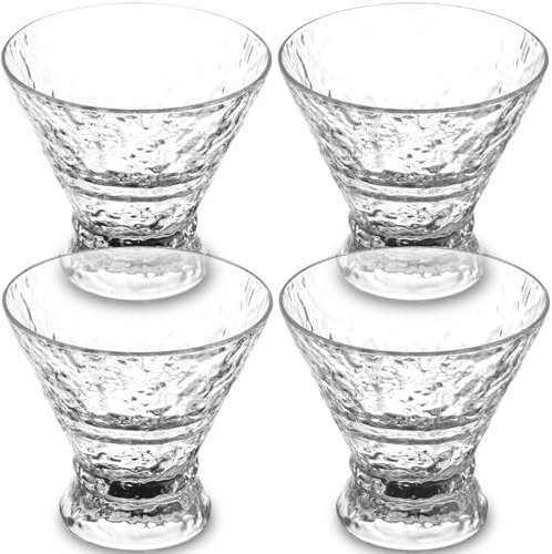 Foppla Juego de 4 copas de Martini de 8 onzas transparentes, vasos de cóctel sin tallos, reutilizables, de plástico, multifunción, para bar, martini, fiestas de noche, cumpleaños