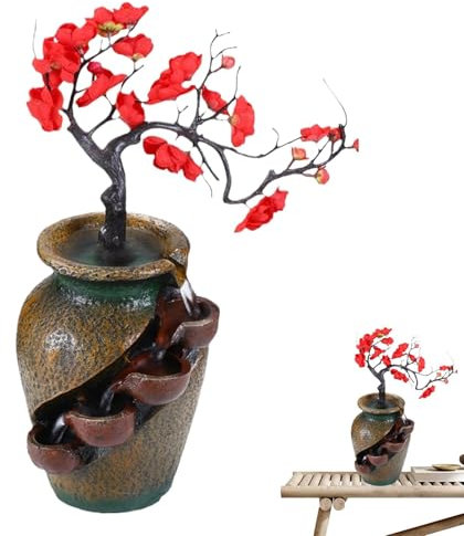 Fuente de agua de mesa, jarrón de flores para manualidades, cascada de agua que fluye creativamente, fuente de cascada de mesa para interiores con agua y ramo artificial, fuentes de agua de escritorio