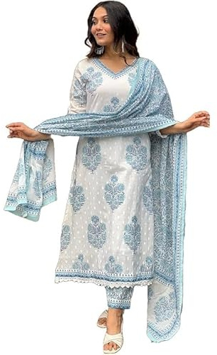 Sambhav Quilt Hub kvinnor bomull indigo handblock tryckt kurta byxa med Dupatta, Vitt, L