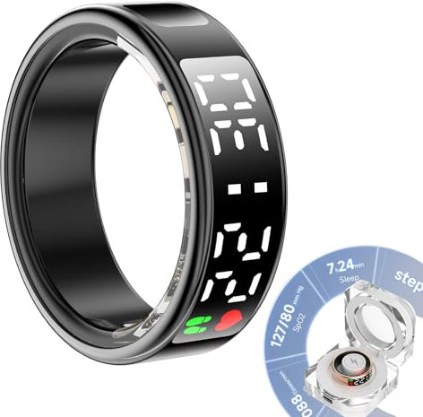 Anello fitness intelligente con touch screen, monitoraggio del sonno, controllo gestuale, impermeabile IP68, monitoraggio della salute indossabile con scomparto di ricarica, compatibile con