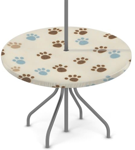 Woltant Nappe ronde avec trou de parasol et fermeture éclair facile à nettoyer avec bords élastiques - Protection de table d'extérieur pour jardin, terrasse, barbecue (patte de chien marron et bleu)