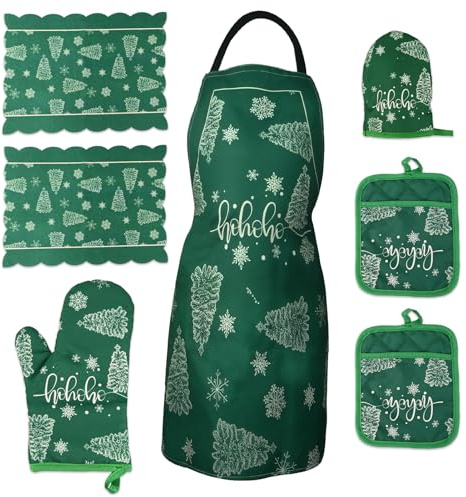 DHSDONLINE Aprons for Women - Apron, Oven Glove, Aprons for Women Anti scald hand clip Pot Holders & Plcemat Christmas Green Kitchen Set Heat Resistant Baking Essentials
