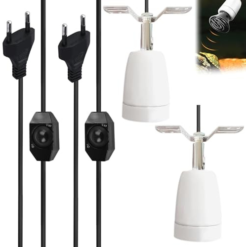 LEKEFETO 2 stycken varmlamputtag, E27 keramisk värmelampa med strömbrytare och 1,8 m kabel, 360° vridbar värmelampsfattning, värmelampsockel, keramik för amfibier akvarium djur – vit