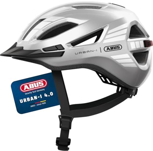 ABUS Casco da città Urban-I 4.0 - Casco da bicicletta con luce posteriore ricaricabile, 2 modalità di illuminazione, visiera e chiusura magnetica - per adolescenti, donne e uomini - taglia XL, argento