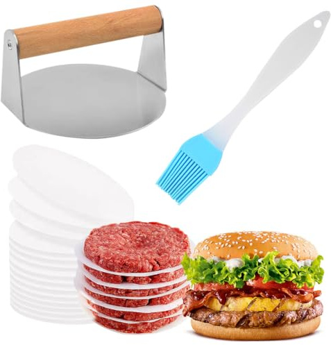HyzaPhix Presse à hamburger en acier inoxydable avec 50 pièces de papier de boucher, 14,5 cm, presse à hamburger ronde pour barbecue, barbecue, cuisine, gril, cuisson (acier inoxydable)