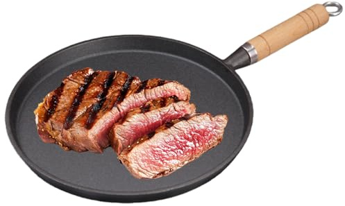 GOEDCH Sartén de hierro fundido: 26 cm de diámetro, sartén de hierro fundido para tortitas, sartén de hierro fundido sin revestimiento con mango de madera, sartén antiadherente, sartén para carne
