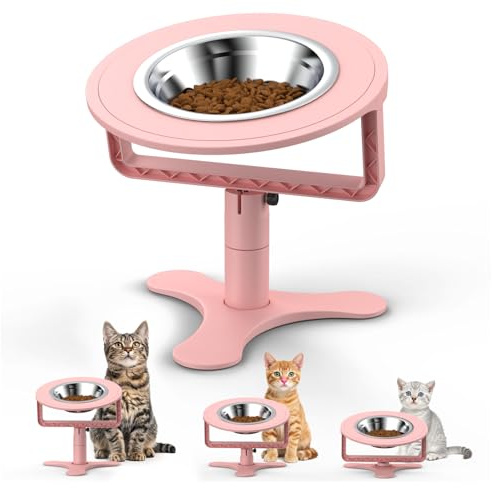 Katzennapf Erhöht 15° Gekippte Futterstation mit Edelstahl Futternapf Katze,Katzennapf mit 3 Höhen,Einstellbar auf 6,1 cm,10,2 cm und 15,2 cm für Katzen und Kleine Hunde (Pink)