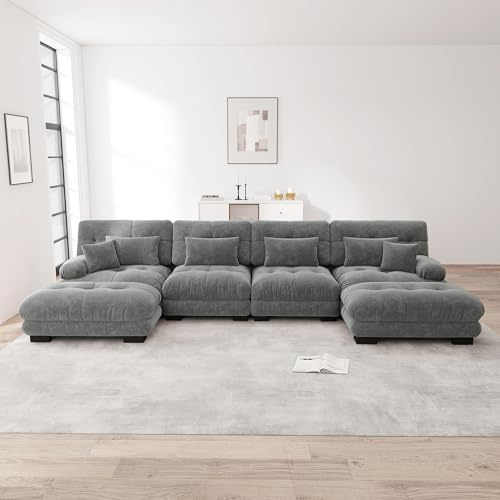 VSOGA Sofá esquinero modular, juego de sofá en forma de U para sala de estar, 4 plazas, cómodos sofás en la nube con otomano móvil, combinación de bricolaje, chenilla, gris