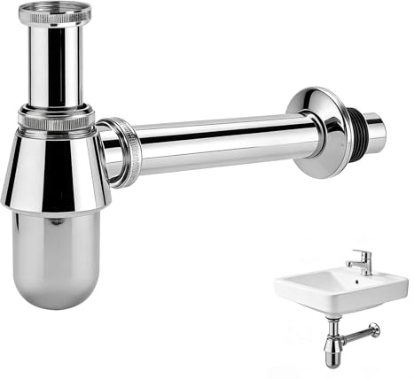 EXLECO Siphon G1 1/4 × Ø 32mm Waschbecken Abfluss Waschtisch Uberlaufloch | Chrom Flaschensiphon Syphon Verstellbar Universal Tassensiphon Mit Reinigungsöffnung, Röhrengeruchsverschluss