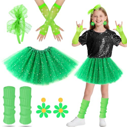 Disfraz Años 80 Niña, Calentadores Niña Años 80 Guantes Rejilla Niñas con Tutu Falda Red de Pescado Guantes Pendientes Banda de Cabeza Niñas Vestido de Fiesta para 80s 90s Discoteca Fiesta (Verde)