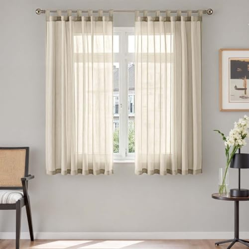 TOPICK Schlaufenschal 2er Set Gardinenschals Vorhänge H145xB140 Dunkelbeige | Leinenoptik Schlaufengardinen Wohnzimmer modern Schlaufenvorhang Vorhänge Schlafzimmer Curtains Living Room übergardinen