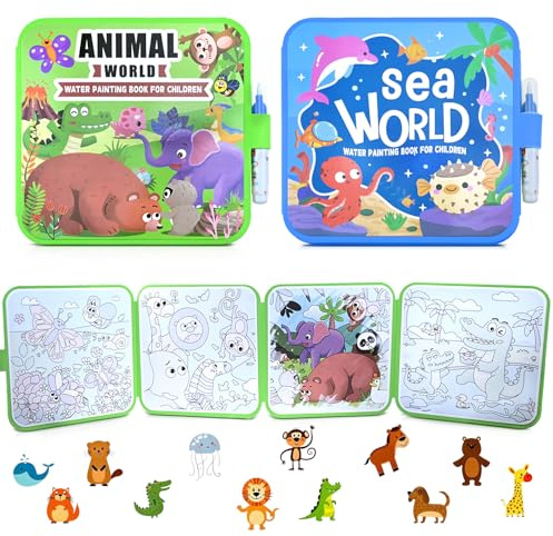 Pengshow Mess Free Water Painting Book, Reusable Scribble Book, 2PCS | Water Colouring Book with Water Pens, No Mess Aqua Art Magic Water Drawing Kit, Gifts for Kids (Animal and Underwater World)
