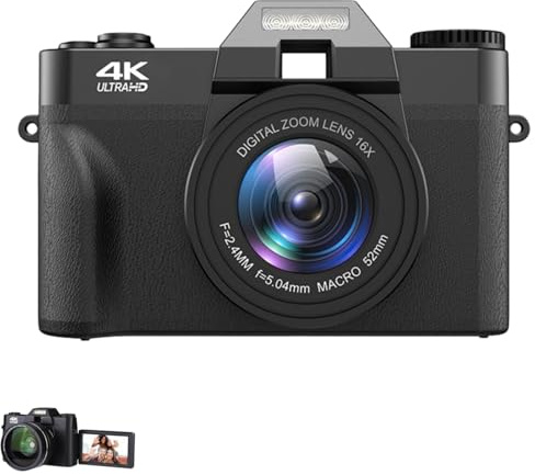 Norwiss Digitalkamera + 2-in-1 Weitwinkel- und Makrofilter, 4K AutoFokus Fotokamera, 16 Facher Digitalzoom(Schwarz-64G) (Schwarz,64G)