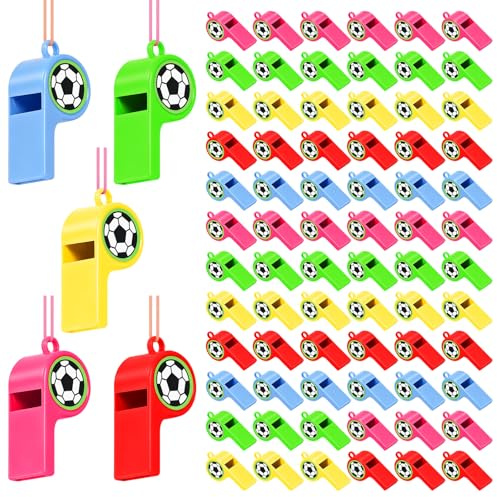 CYZBL Fischietto in plastica con cordino, 72 pezzi, fischietto sportivo colorato, fischietto per calcio, 5 colori, fischietto di emergenza sicuro, fischietto da arbitro per bambini, allenatori