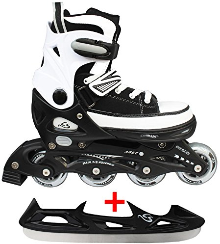 Cox Swain Sneak 2in1 größenverstellbare Kinder Inline Skates und Schlittschuhe mit PU Gummirollen sowie ABEC 5 Kugellagern, Colour: Black, Size: S (33-36)