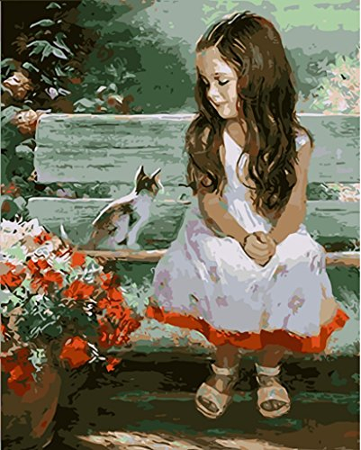 YEESAM ART DIY Ölgemälde Malen nach Zahlen Erwachsene Kinder, Mädchen und Katze Zahlenmalerei ab 5 Öl Wandkunst