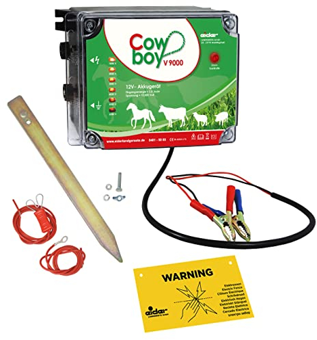Weidezaungerät Cowboy V9000-12 V - Extra Power : 10000 Volt - Unser stärkstes Batteriegerät mit Bester Hütesicherheit inkl. Zubehörset