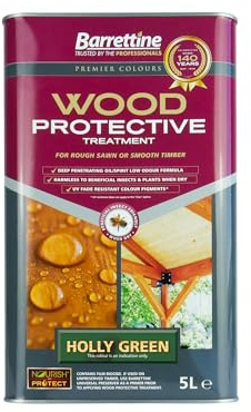 Barrettine Wood Protective Treatment (Holly Green, 5L) - Ideal Treatment for Outdoor Treated Timber Structures. Wood Protector Oil with Water Repellent Qualities. UV & Fade Resistant.