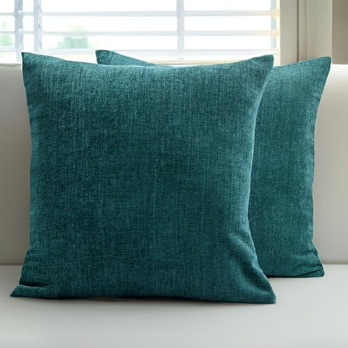 Encasa XO Chenille Kissenbezüge Set von 2 | Azul Blau - (16x16) (40x40 cm) | Dekorative Akzent Quadratische Wurfkissenbezüge Für Couch, Heimdekoration, Sofa
