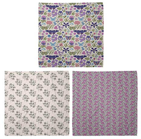 ABAKUHAUS Unisex Bandana, Schmetterlings-Stiefmütterchen Blume Blatt Hand Drawn Romantische Rose Bouquets Curly Zweige Kunst, 3er Pack, Mehrfarbig