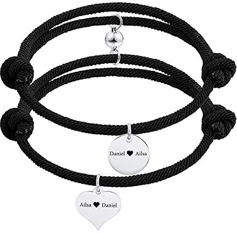 INBLUE Personalisierte 2 STÜCKE Magnetische Paar Armbänder Gravur Name für Frauen Männer Freund Freundin Einstellbares Seil Gegenseitige Anziehungskraft Passendes Schmuckset Liebesbeziehungsgeschenk