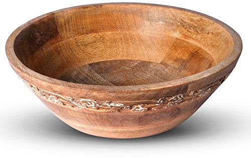 Mela Artisans Wooden Fruit Bowl – Whitewash Finish | Large 12” Mango Wood Serving Bowl with Felt Pads | Decorative bowl | Multipurpose Countertop Bowl for Breads | Salad | Fruit & More