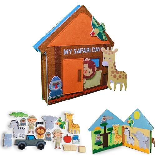 Meqbem® PANTAWORLDS® | Quiet Book | Pädagogisches Sensorisches Stoffbuch | Montessori Spielzeug ab 1 Jahr | Kinderspiel | Busy Book | Busy Board | CE-Zertifikat (Einzelstück, My Safari Day)