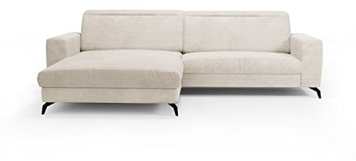 CAVADORE Ecksofa Bounce mit Cord-Bezug / Eckcouch mit Longchair + mattschwarzen Metallfüßen / 290 x 88 x 178 / Breitcord, Creme-Beige