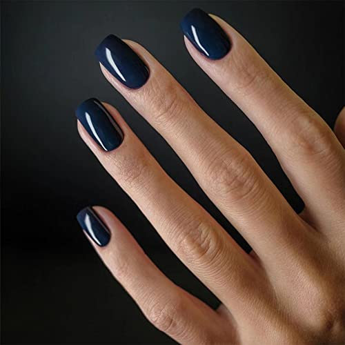 TMUT 24pcs Square False Nails Short Stick on Nails Dark Blue Press on Nail Removable Glue on Acrylic Full Cover Fake Nail Art Accessories for Women Girls