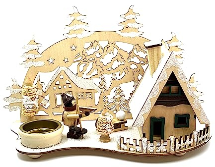 Kaladia - Casetta per affumicatura in legno – per coni di incenso, misura M – con portacandela integrato – motivo: bambino con sci e slitta – Dimensioni: 23 x 13 x 17 cm