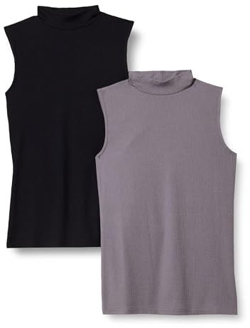 Amazon Essentials Top Senza Maniche in Maglia a Costine Slim Fit con Scollo a Lupetto Donna, Pacco da 2, Grigio/Nero, M