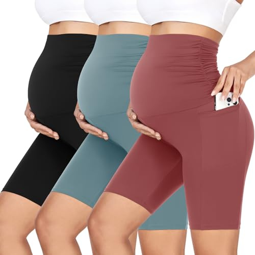 GROTEEN Paquete de 3 Pantalones Cortos de Maternidad para Mujer sobre el Vientre con Bolsillos, Cintura Alta de 8 Pulgadas, para Entrenamiento, Yoga, Embarazo, Ciclista