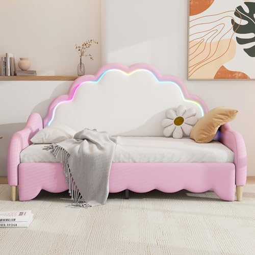 Dolamaní schlafsofa 140 cm breit Klein Klappbett für 2 Personen, Jugendzimmer für Mädchen Bett, Bettgestell140x200, Modern Ausziehbett gleiche höhe, Kopfteil mit Regenbogen-Dekor (Rosa, Mit Matratze)