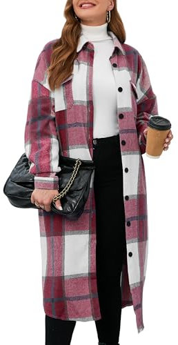 Jhsnjnr Veste à carreaux en flanelle pour femme, surdimensionnée, manches longues, revers boutonné, chemise à carreaux, en coton, veste longue, rouge bordeaux, L