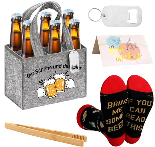 5 Stück Bier Geschenke für Männer,Lustige Geschenke für Männer,Männerhandtasche Bier für 6 Bierflaschen,mit Lustige Bier Socken Flaschenöffner Grillzange Grußkarte,Bier Geschenke für Bierliebhaber